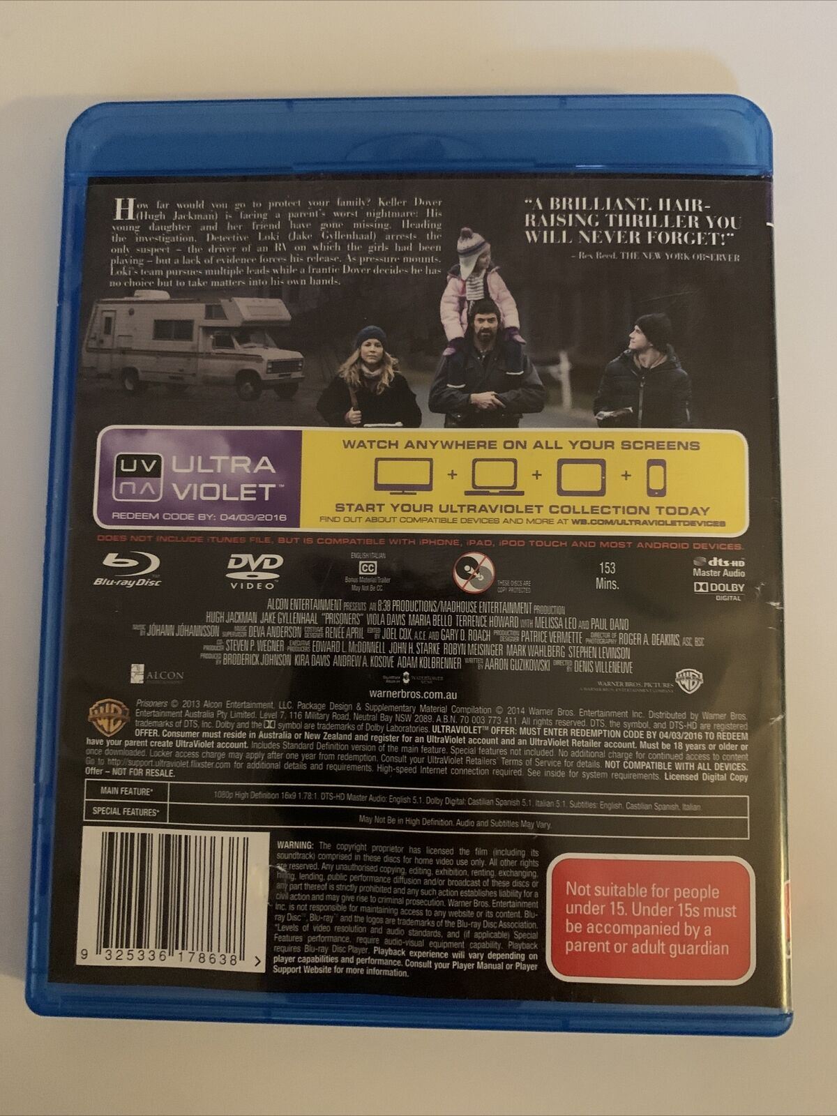 Prisoners (Blu-ray, 2013, 2-Disc Set) Hugh Jackman, Jake Gyllenhaal. Region B&4