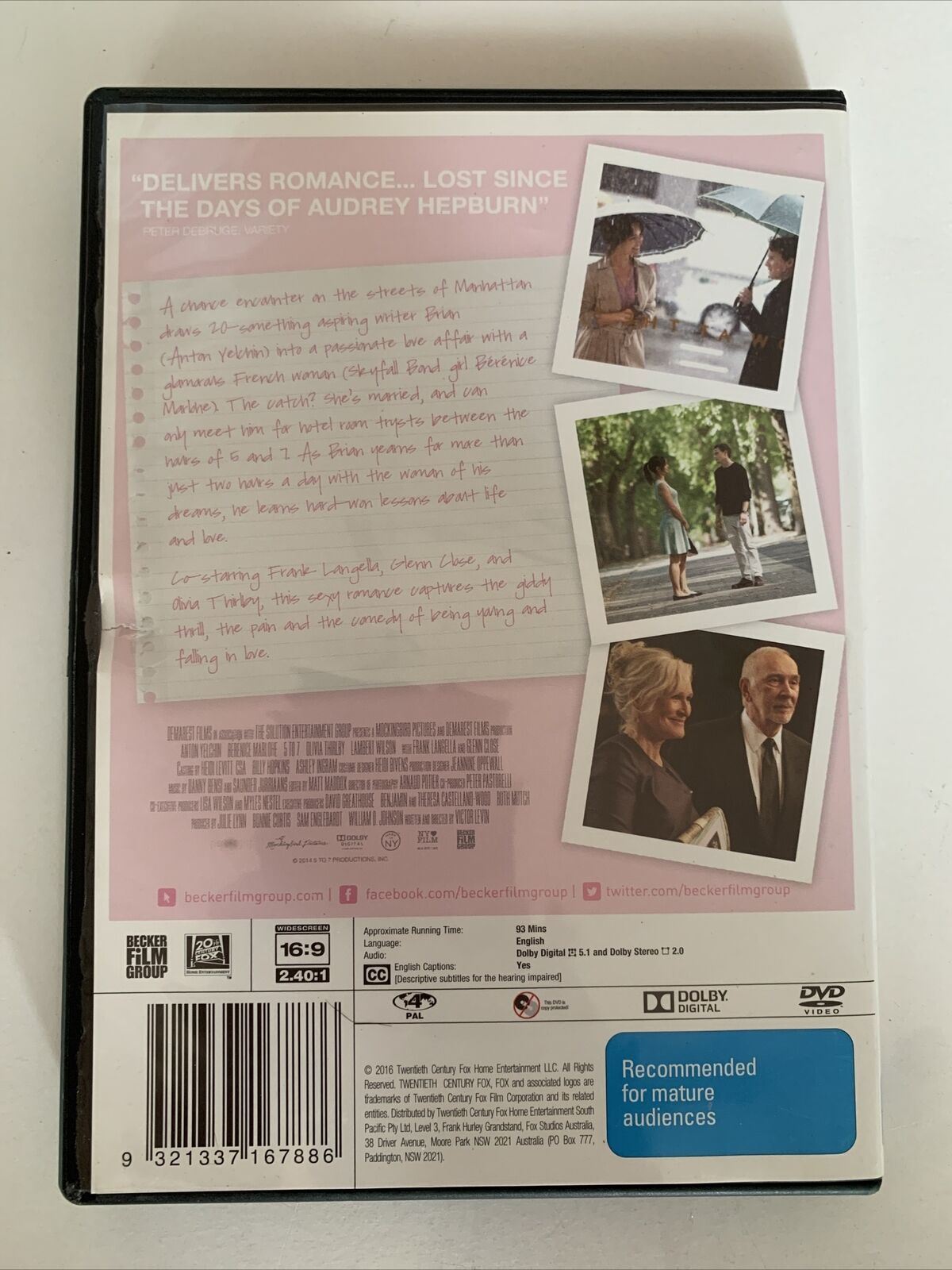 5 To 7 (DVD, 2014) Anton Yelchin, Bérénice Marlohe, Glen Close. Region 4