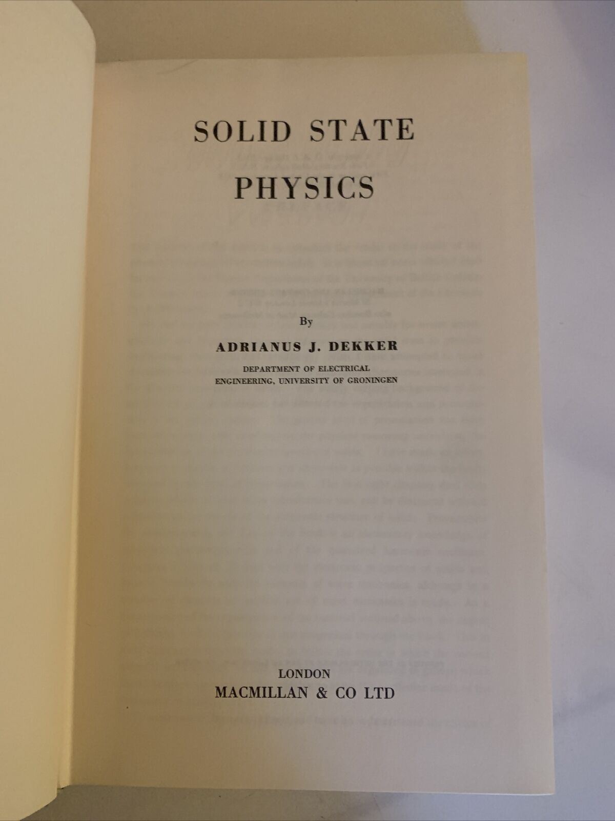 Solid State Physics by AJ Dekker 1964 Hardcover