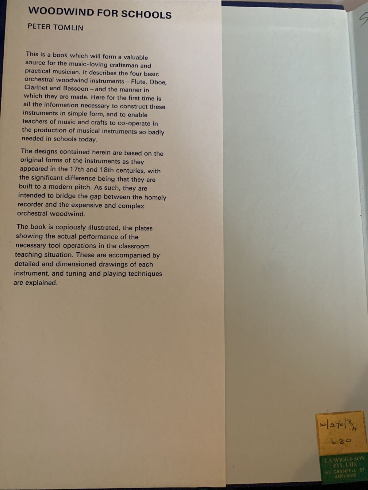 Woodwind For Schools by Peter Tomlin - 1973 Hardcover 1st Edition