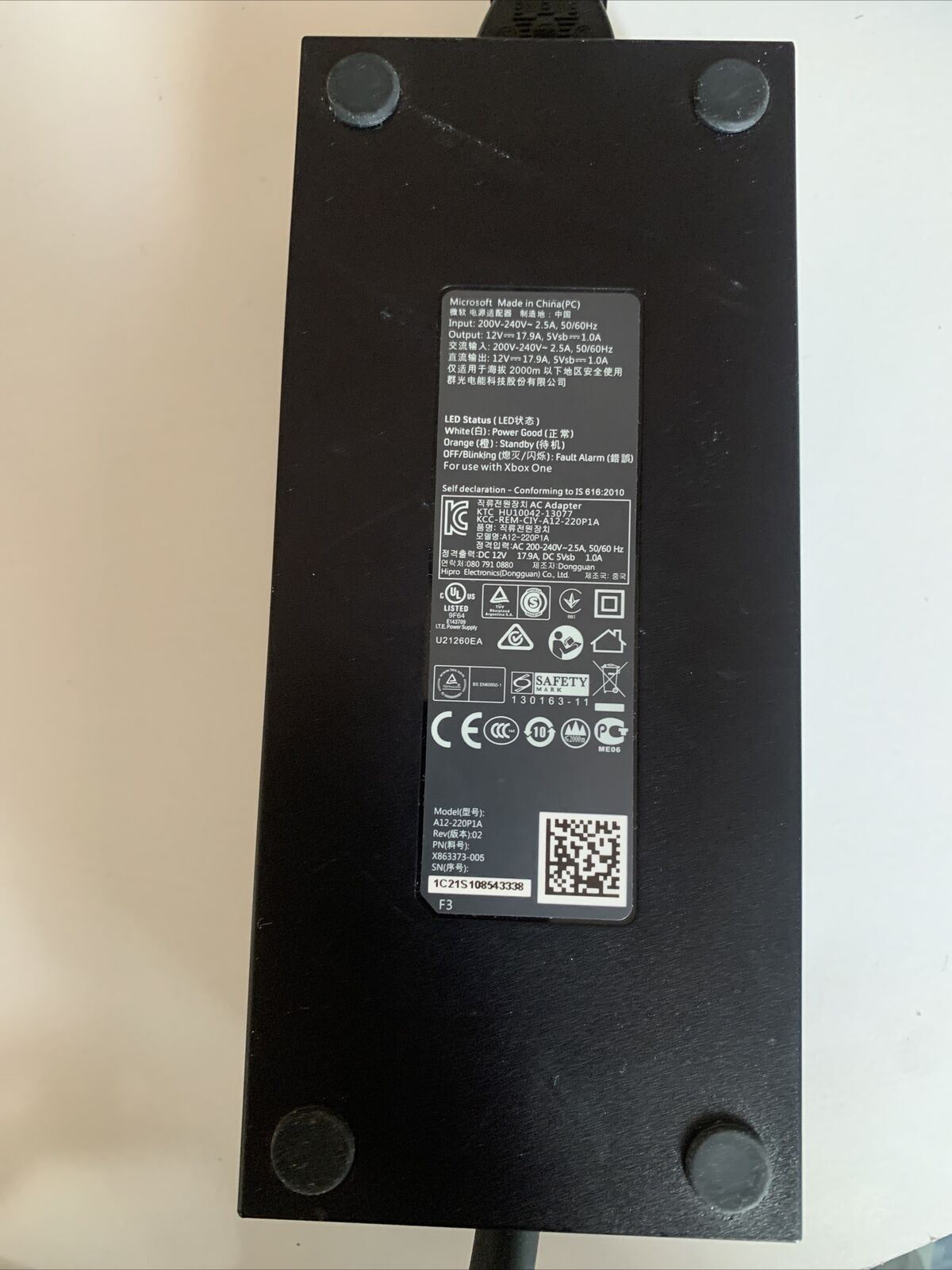 Genuine Original Microsoft Xbox One Power Supply. Model: A12-220P1A. AU Cord