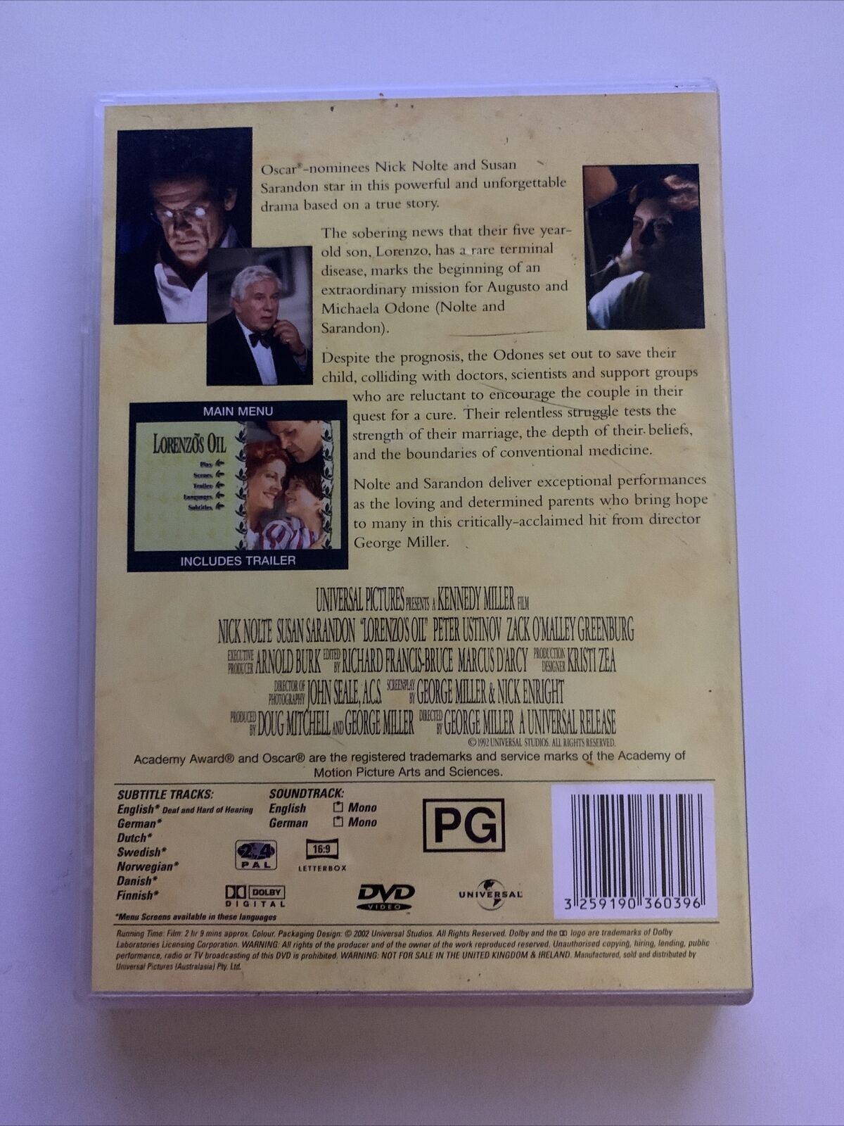 Lorenzo's Oil (DVD, 1992) Nick Nolte, Susan Sarandon, Peter Ustinov. Region 4&2