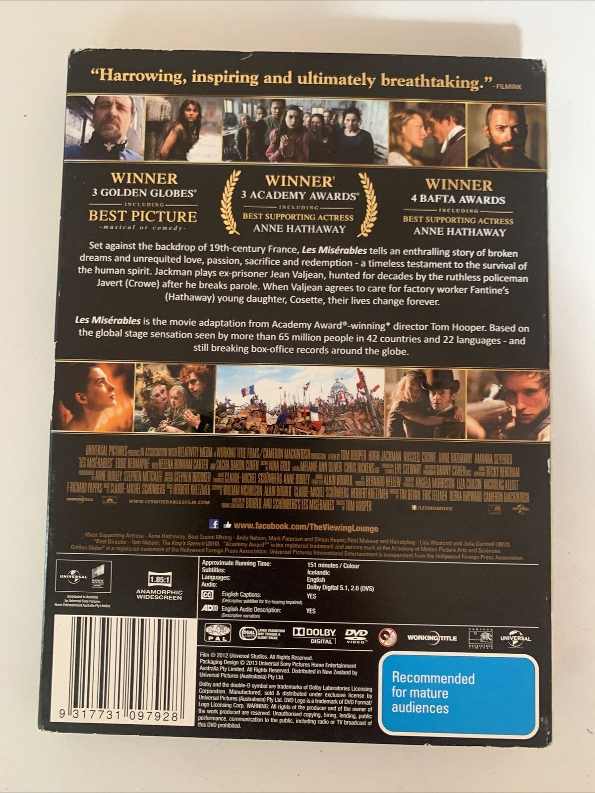 Les Miserables (DVD, 2012) Hugh Jackman, Russell Crowe, Anne Hathaway Region 4,2