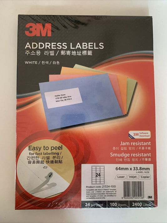 *New Sealed* 3M Address Labels 64mm x 33.8mm Label Size 100 Sheets 2400 Labels