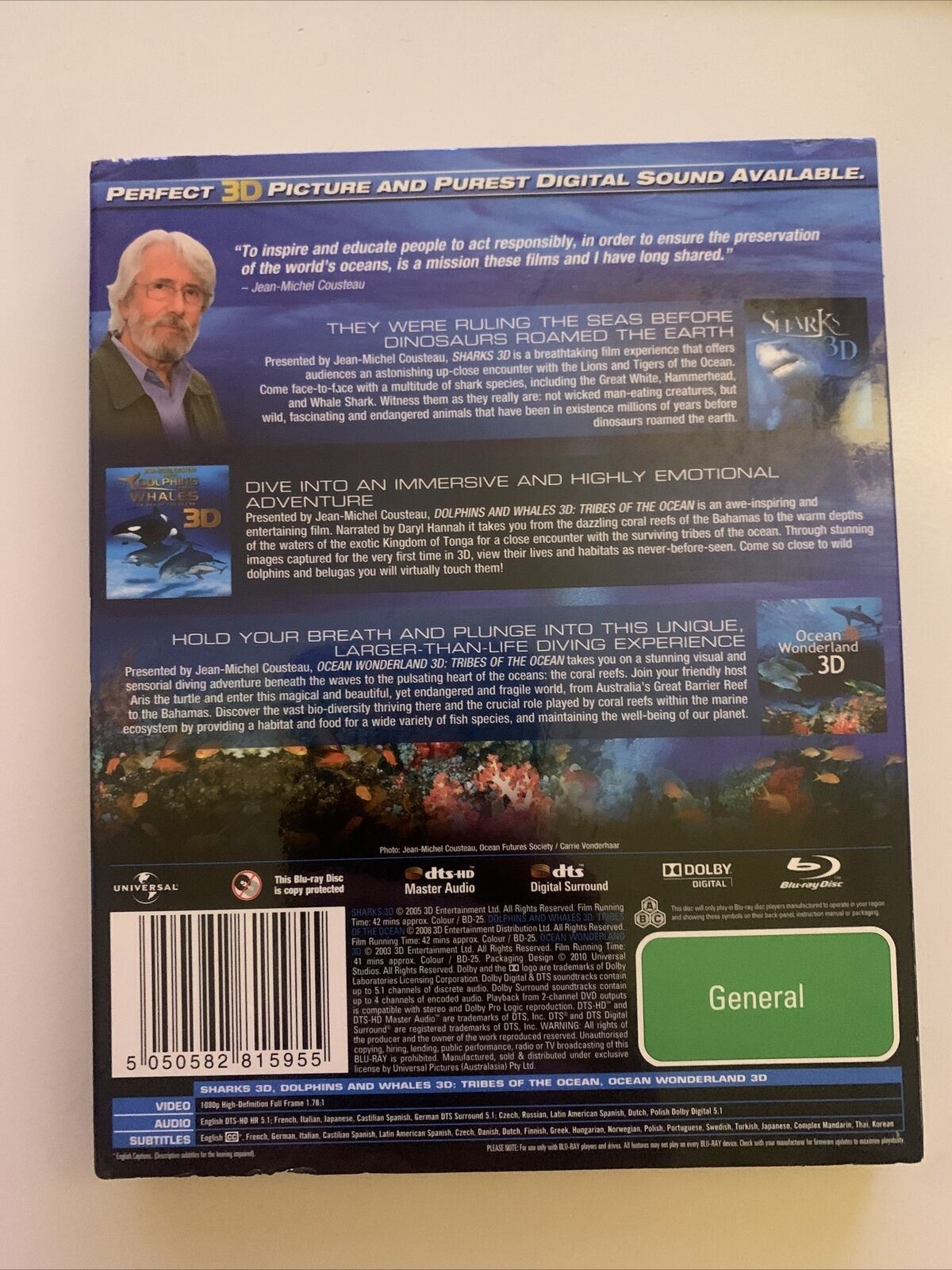 Shark 3D Jean Michel Cousteaus Film Trilogy (Blu-Ray 3D, 3-Disc) Documentary