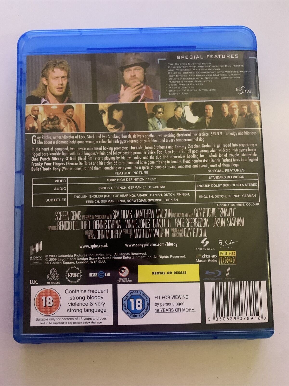 Snatch (Blu-ray, 2000) Brad Pitt, Vinnie Jones, Jason Statham, Benicio ...