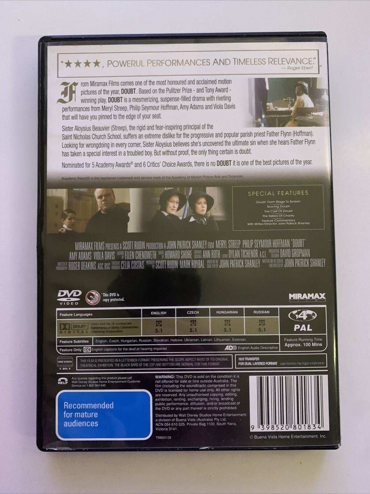 Doubt (DVD, 2008) Meryl Streep, Philip Seymour Hoffman, Amy Adams. Region 4,2