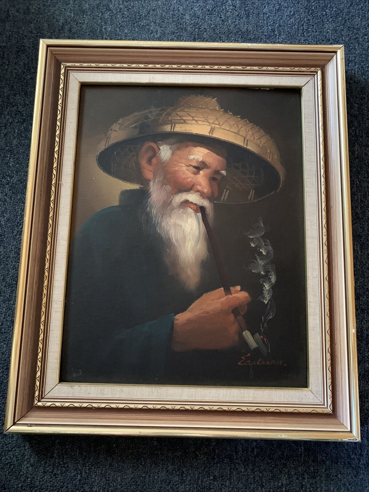 Chinese Asian Oil Painting Smoking Elderly Old Man 41cm x 32cm by Unknown