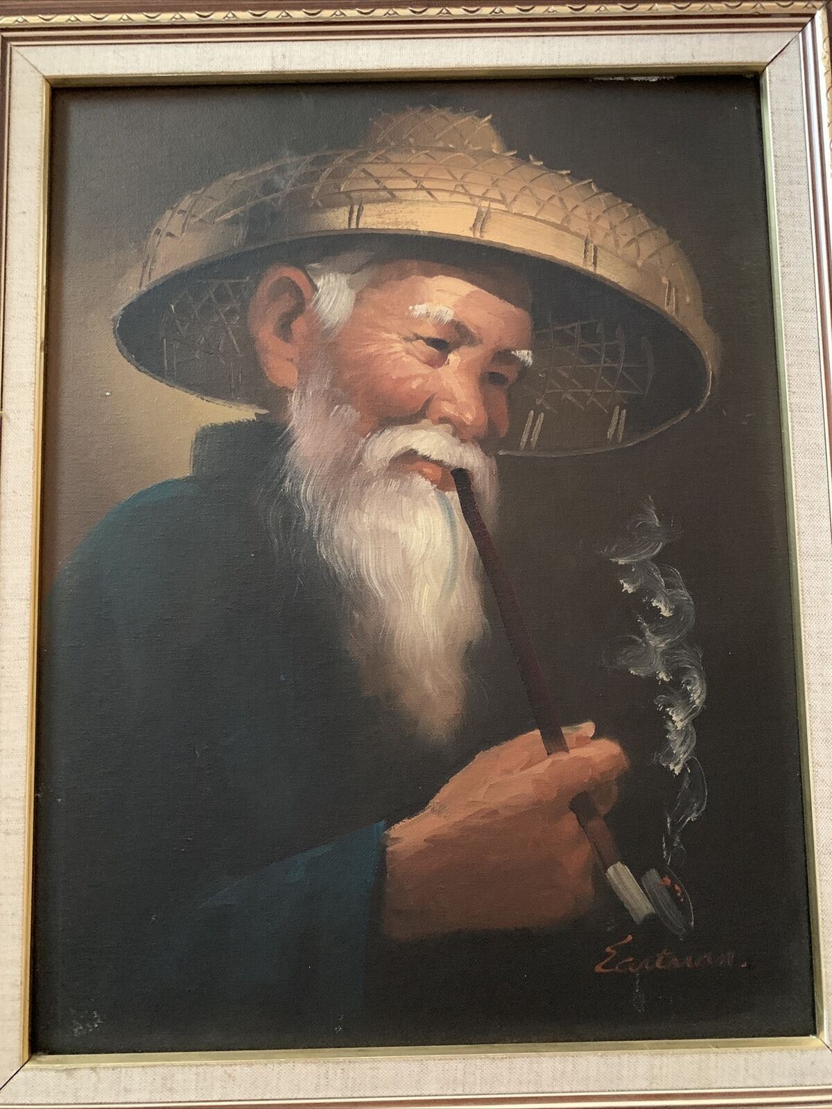 Chinese Asian Oil Painting Smoking Elderly Old Man 41cm x 32cm by Unknown