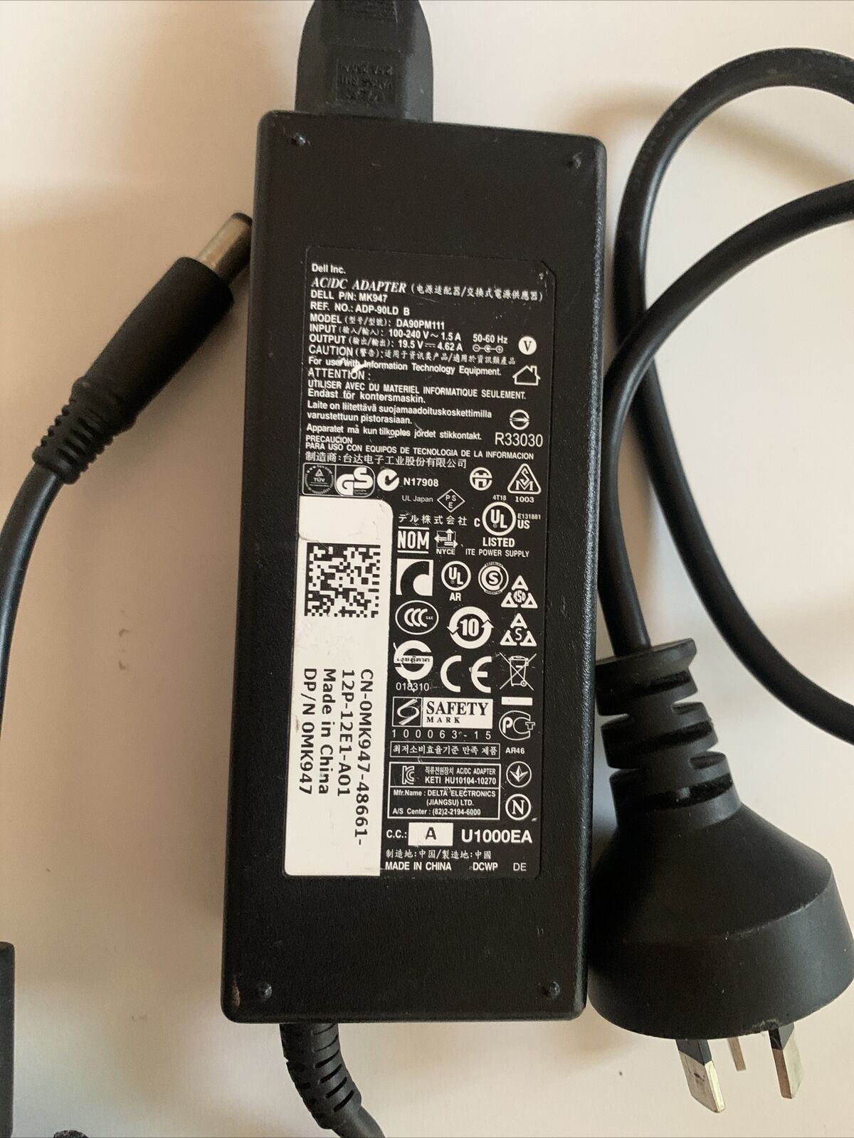 Genuine DELL 90W AC ADAPTER, DP/N: MK947, Model: DA90PM111, 19.5V - 4.62A