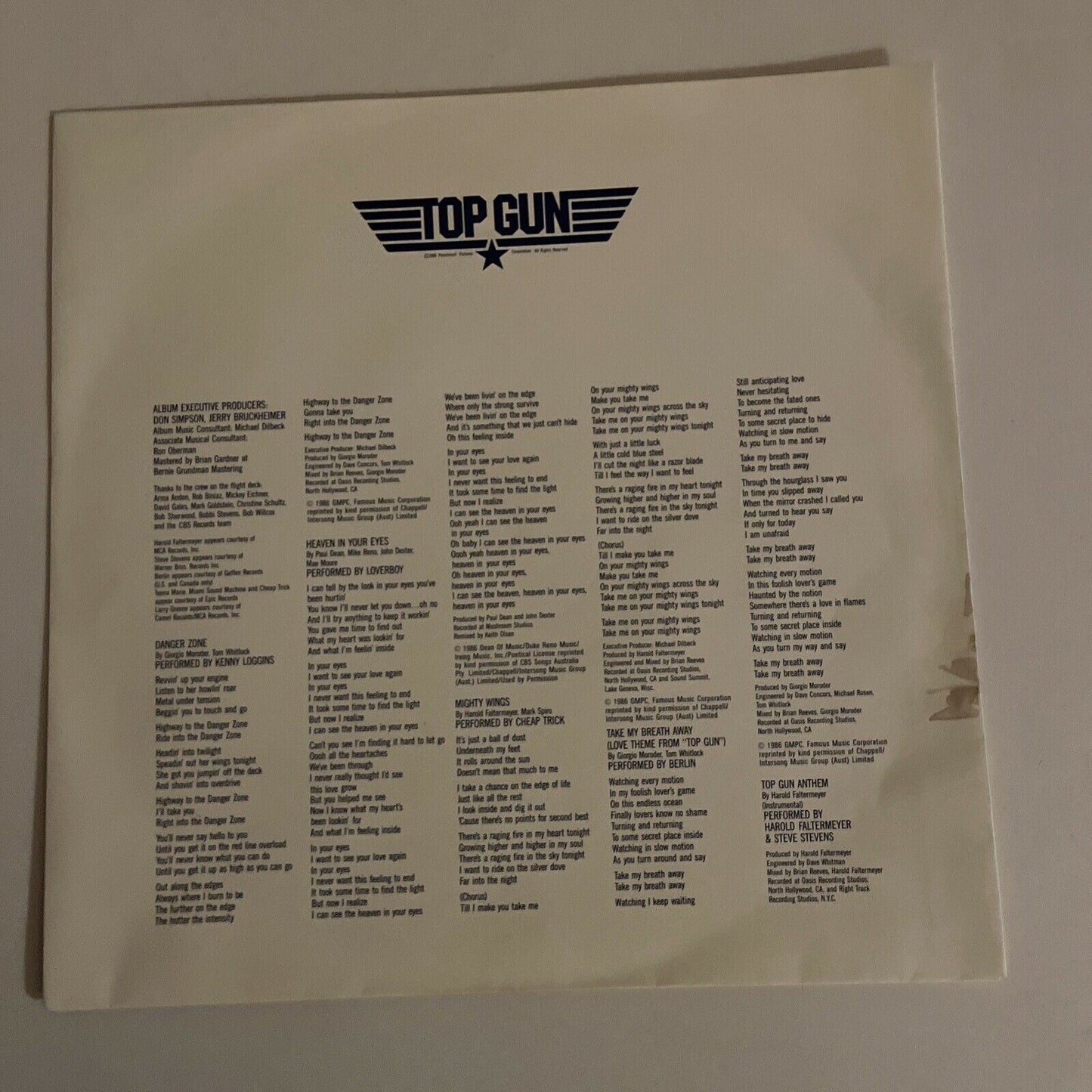 Top Gun (Original Motion Picture Soundtrack) Vinyl 1986