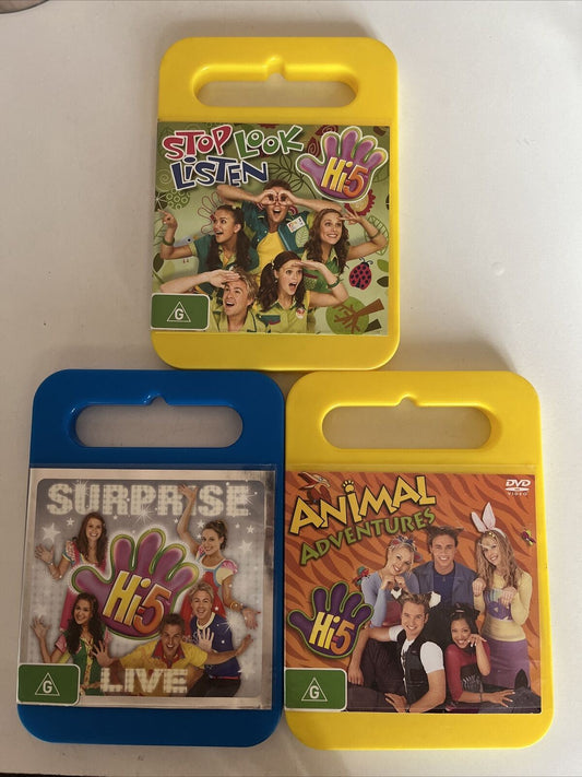 3x Lot Hi-5 (DVD) Stop Look Listen, Surprise Live, Animal Adventures. Region 4