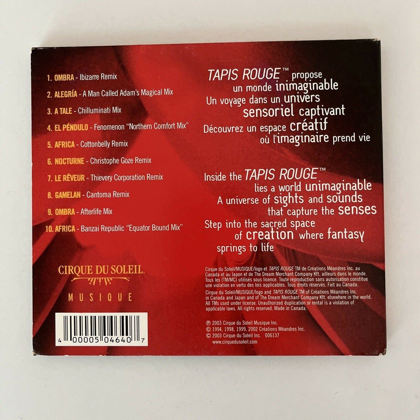 Cirque Du Soleil ‎– Tapis Rouge: Solarium (CD, 2003, Album)