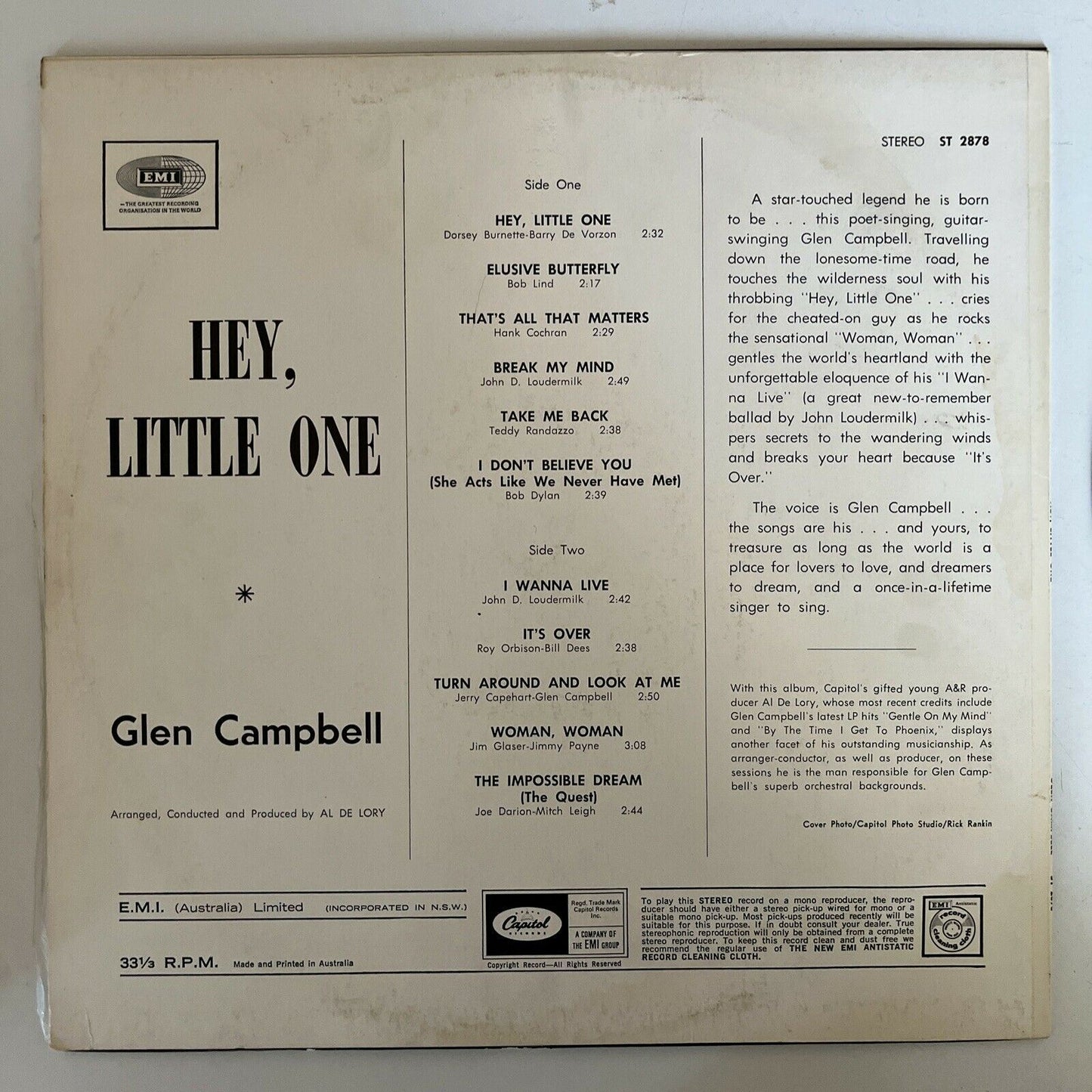 Glen Campbell – Hey, Little One 1968 Vinyl Record LP