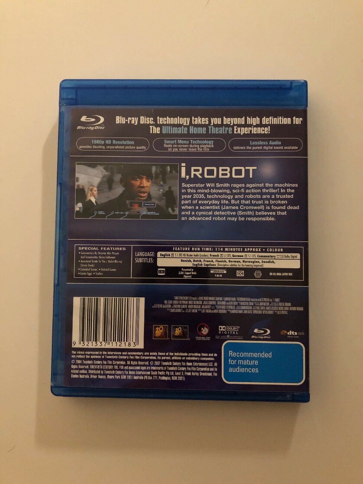 I, Robot (Blu-ray, 2008, 2-Disc Set) Will Smith, Bridget Moynahan. Region B