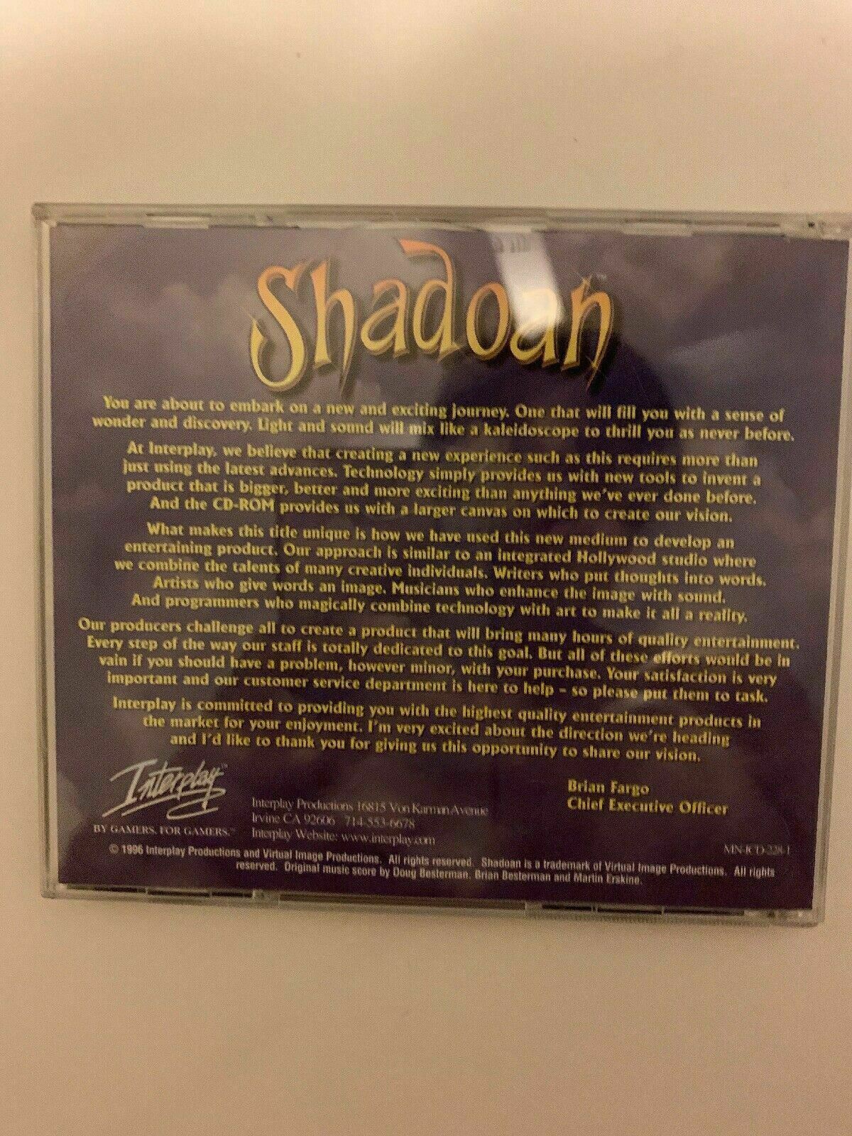 RARE Shadoan - PC CD Animated Adventure Vintage 1996 Game Dragons Lair Sequel