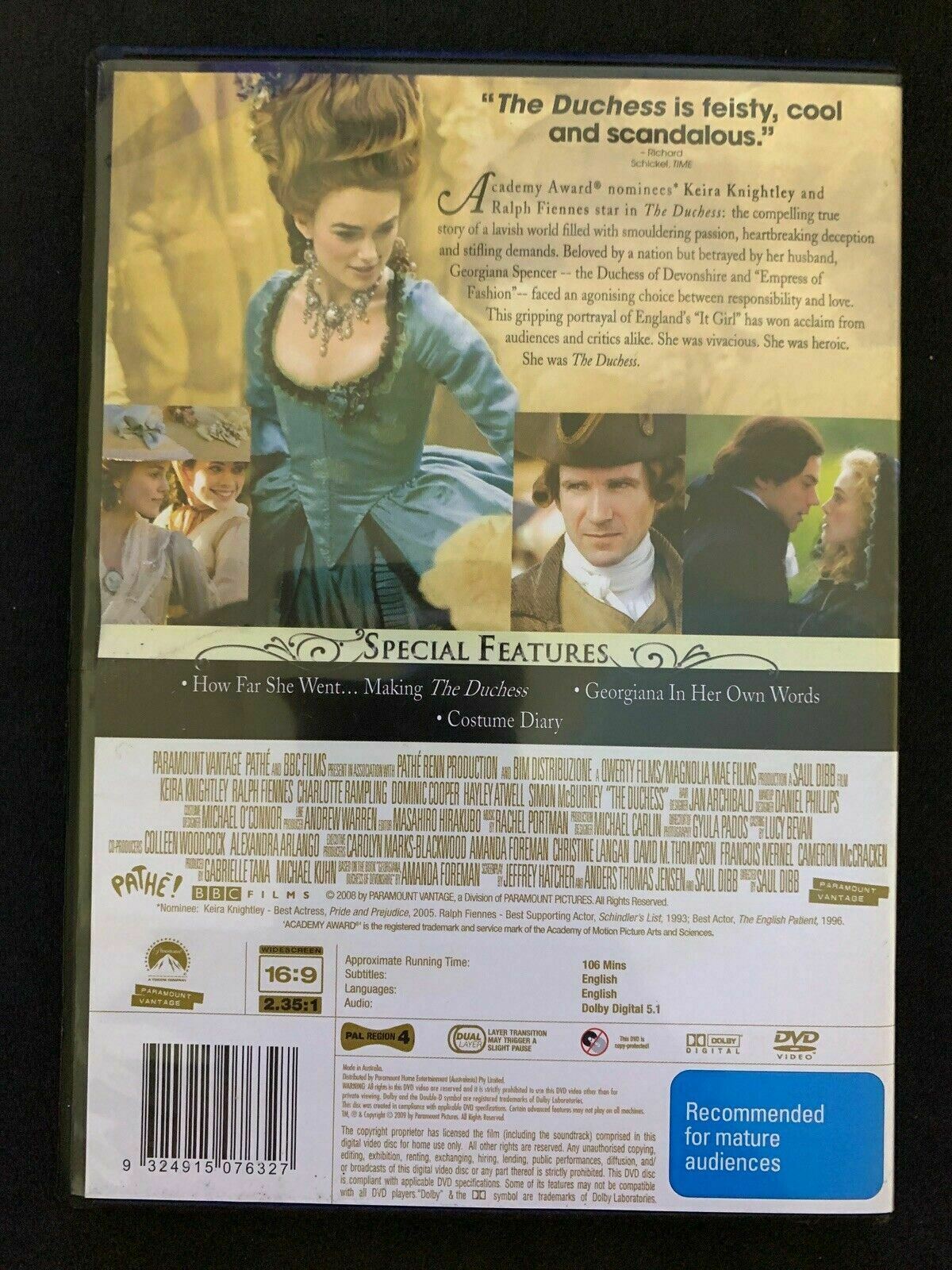 The Duchess - Uncut Edition (DVD, 2008) Keira Knightley, Ralph Fiennes. Region 4