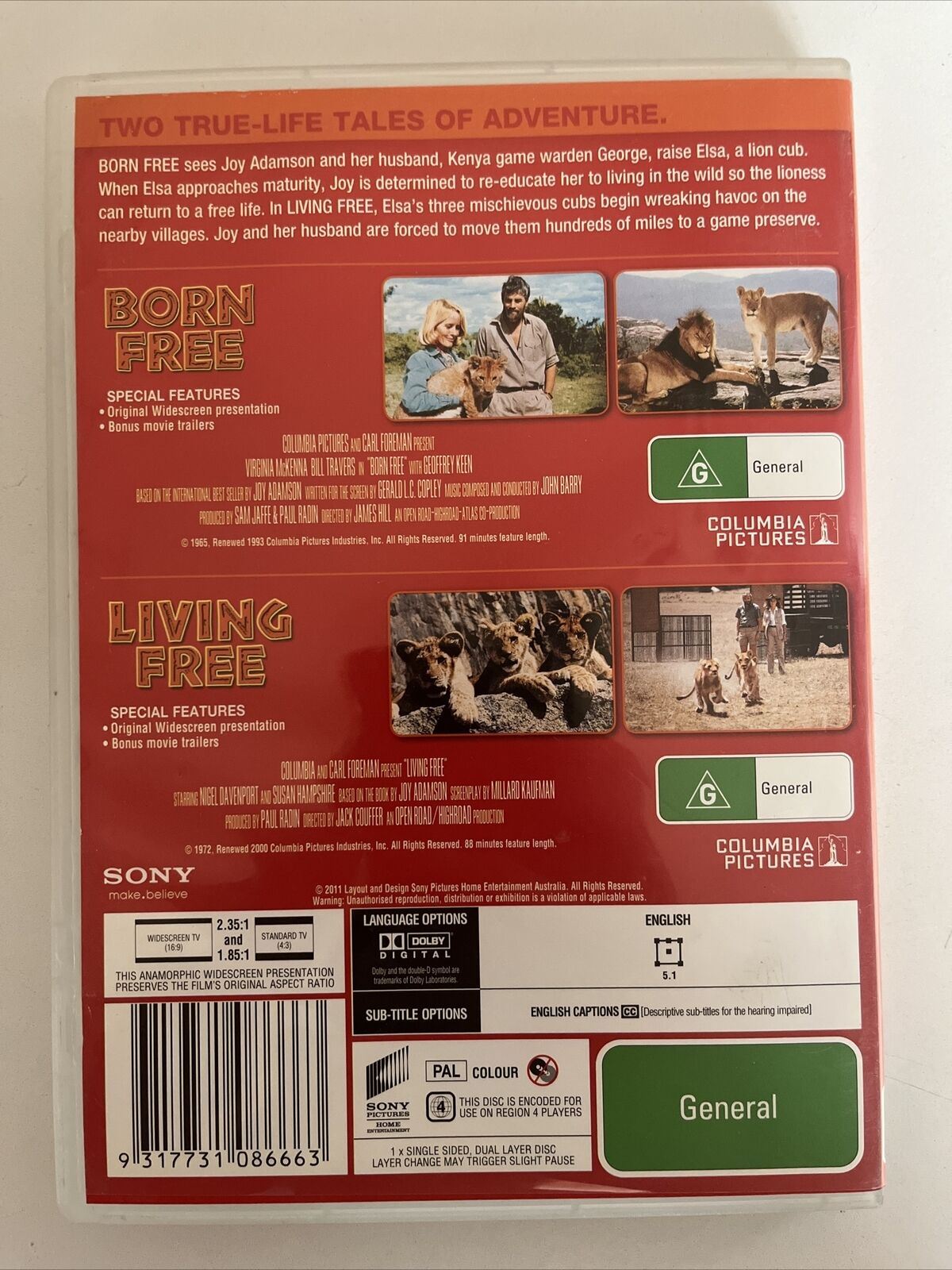 Born Free / Living Free (DVD, 1965)  Bill Travers, Nigel Davenport. Region 4