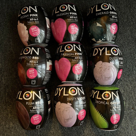 9x DYLON Fabric Machine Dye Pod  350g Cotton/Wool/ Natural Fibres - Pink, Red, G