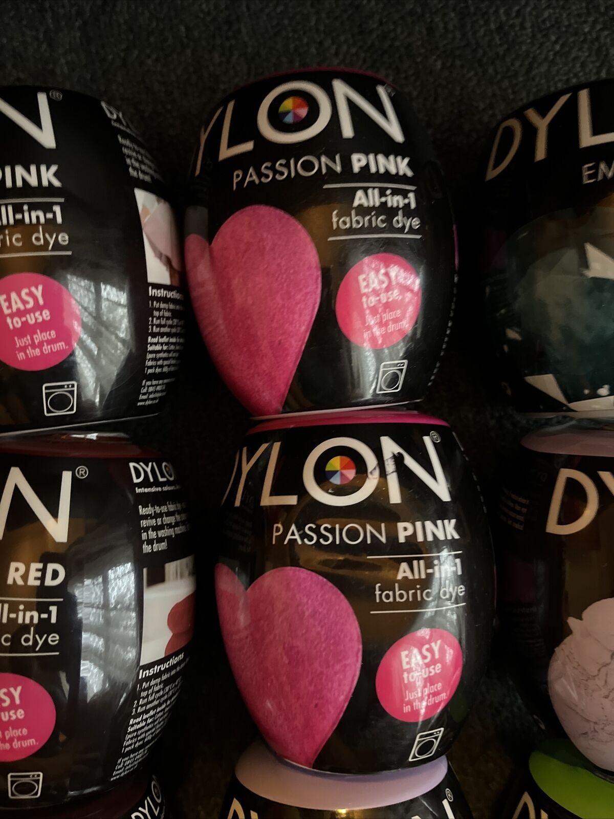 9x DYLON Fabric Machine Dye Pod  350g Cotton/Wool/ Natural Fibres - Pink, Red, G