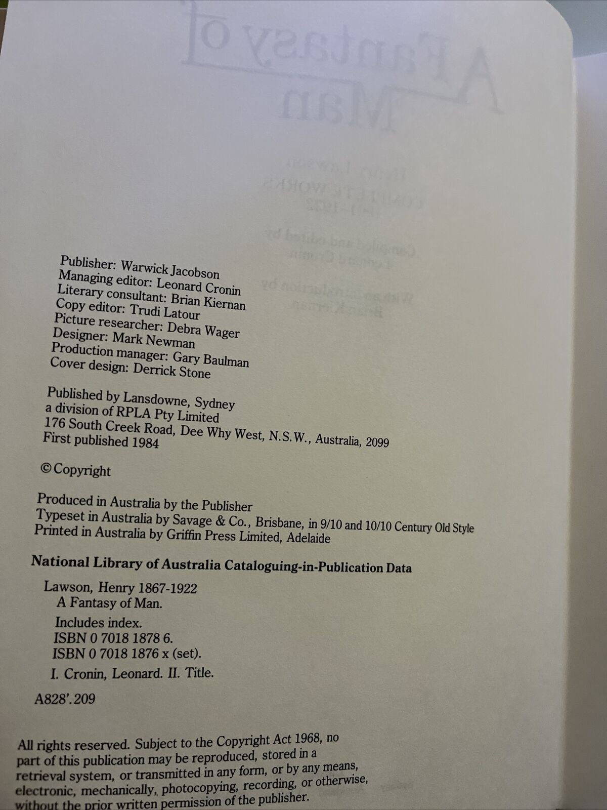 A Fantasy of Man Complete Works 1901-1922 by Henry Lawson  Hardcover 1984