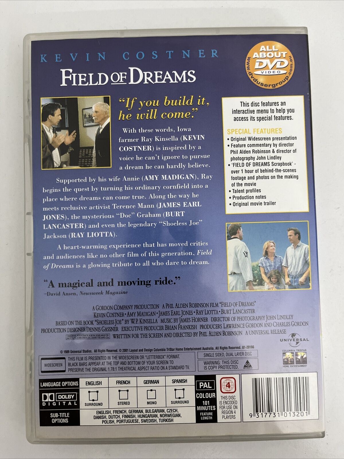 Field Of Dreams (DVD, 1989) Kevin Costner, James Earl Jones, Ray Liotta Region 4