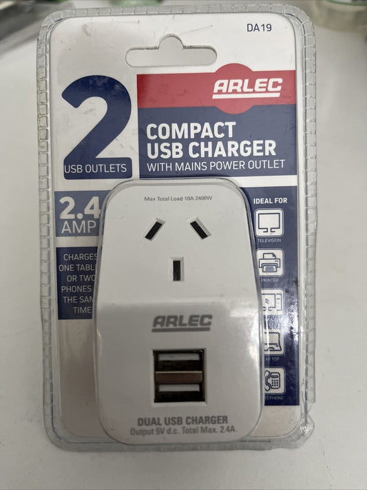 Alec Compact Dual USB Charger with Mains Power Outlet