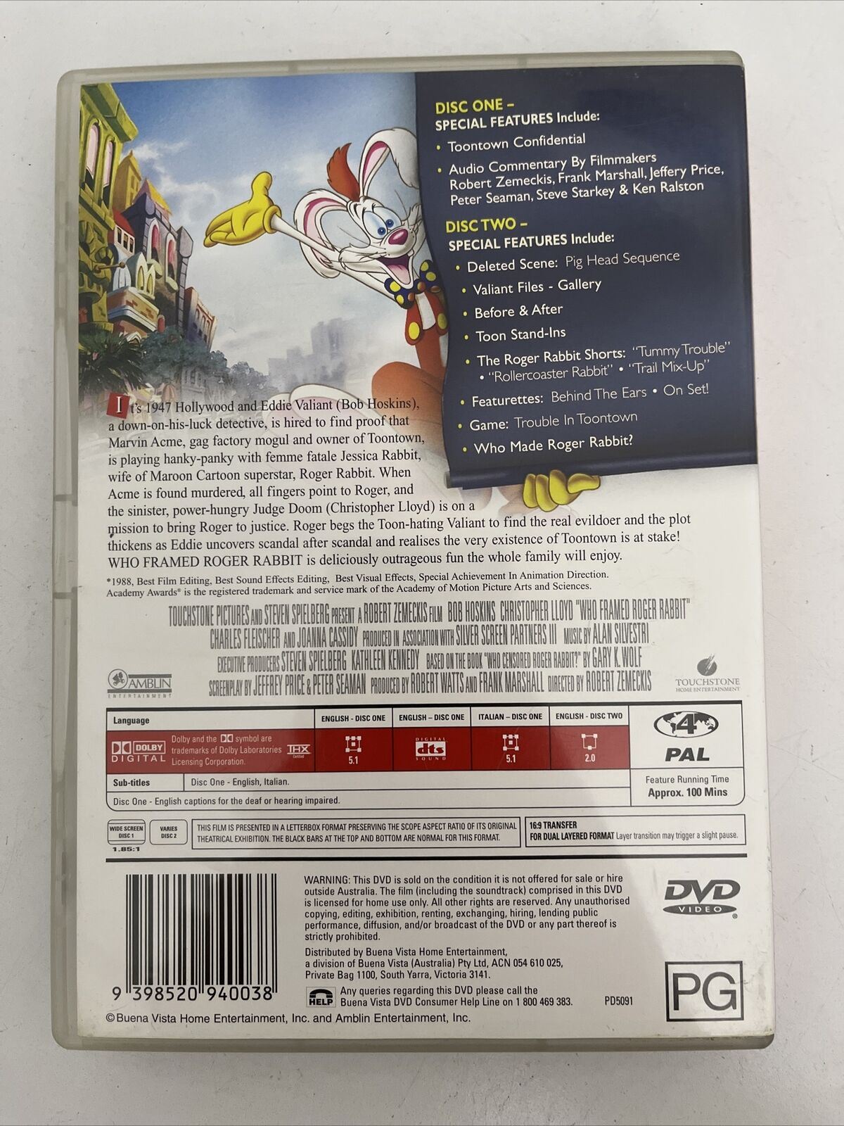 Who Framed Roger Rabbit - Special Edition (DVD, 1988) Bob Hoskins. Region 4 NEW