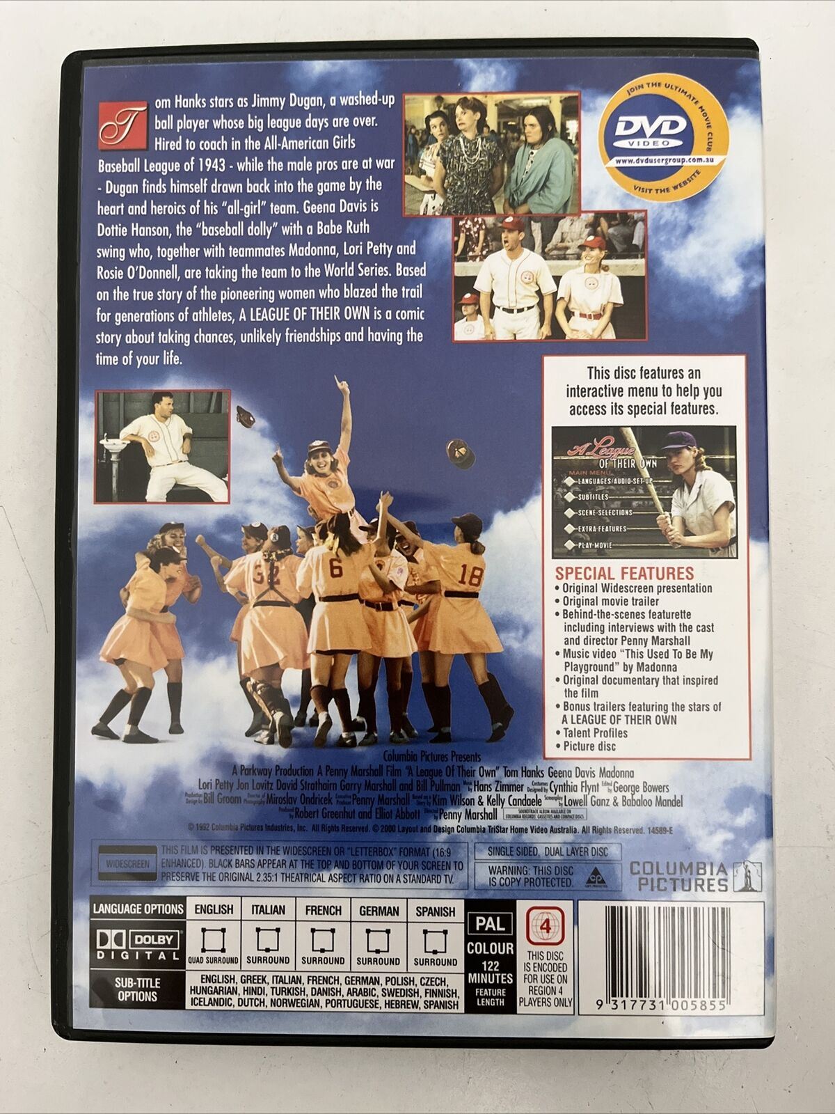 A League Of Their Own (DVD, 1992) Tom Hanks, Geena Davis, Madonna. Region 4 NEW