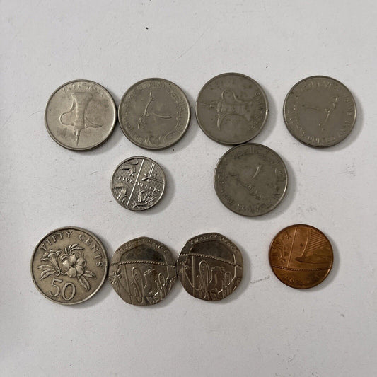 10 Mixed Lot Coins Singapore 1987 50 Cents 20 pence 1 penny 5 pence UAE coins