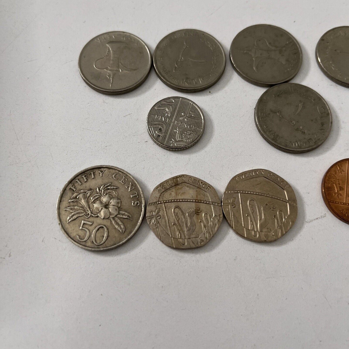 10 Mixed Lot Coins Singapore 1987 50 Cents 20 pence 1 penny 5 pence UAE coins