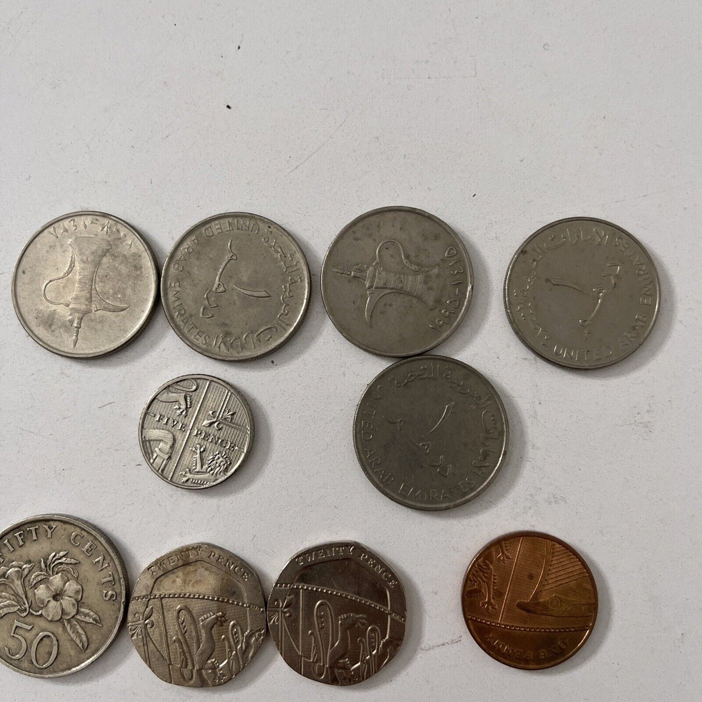 10 Mixed Lot Coins Singapore 1987 50 Cents 20 pence 1 penny 5 pence UAE coins