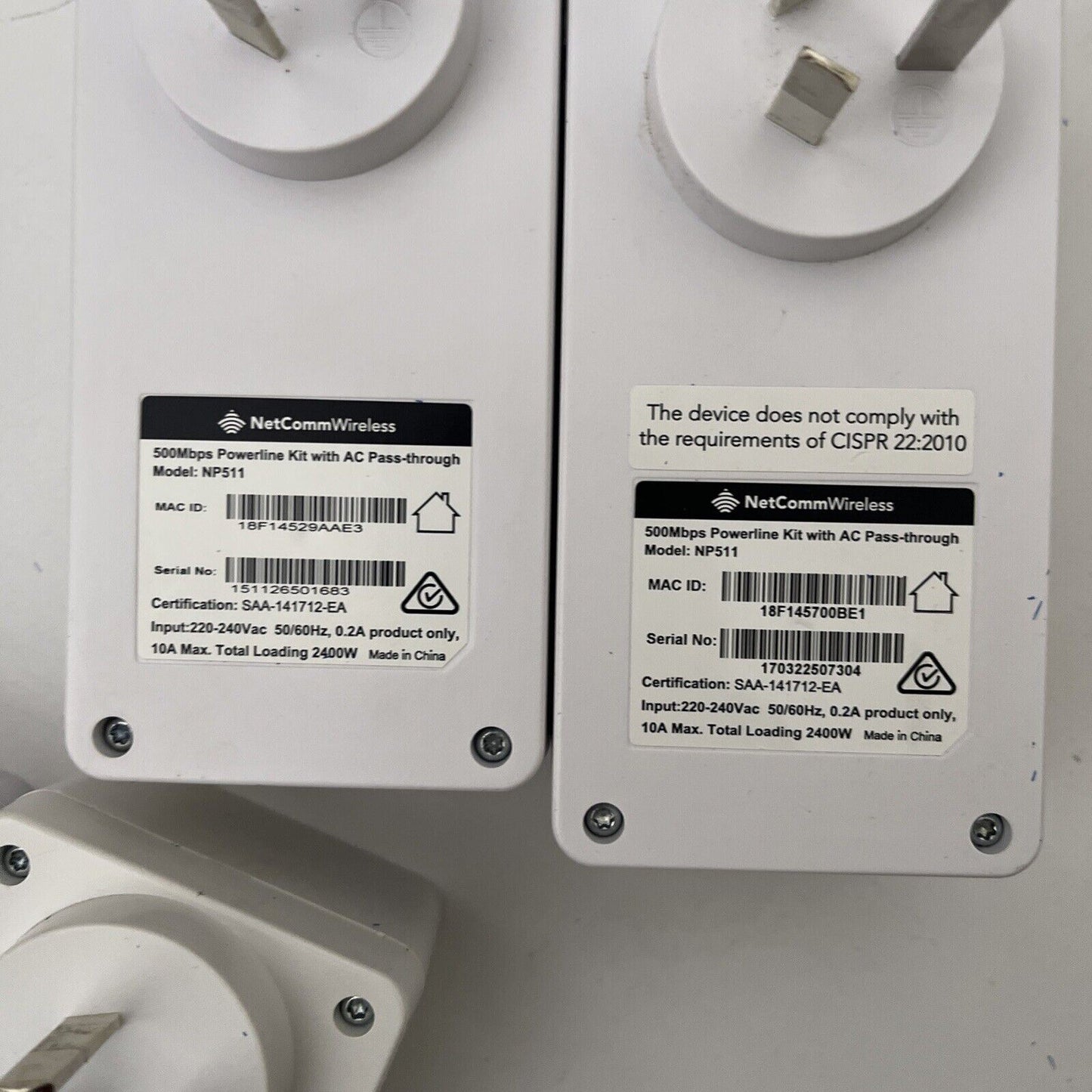 4x NetComm NP511 500Mbps Powerline Kit AC Passthrough
