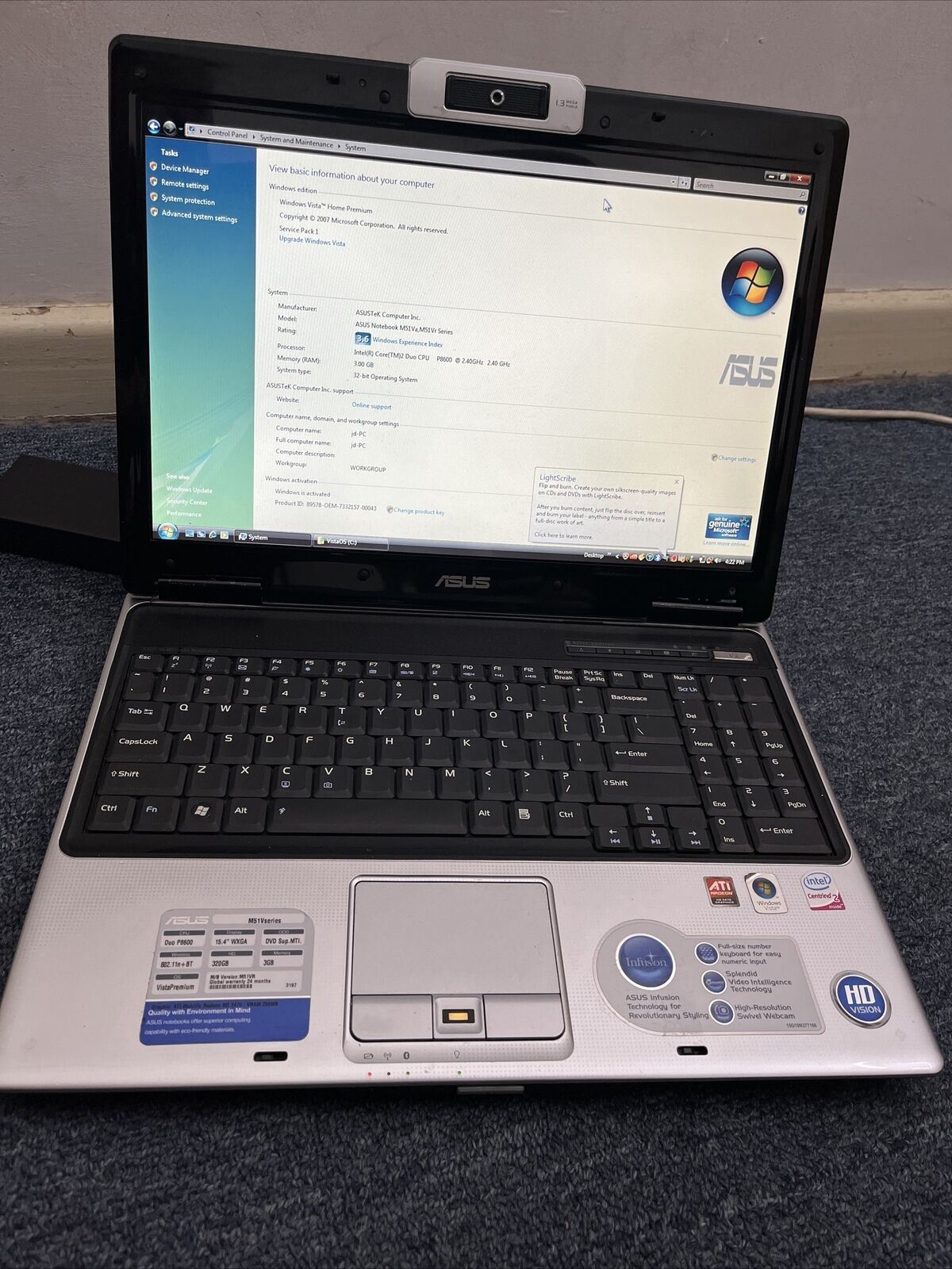 ASUS M51Va 15.4" Laptop Intel Core Duo P8600 2.4Ghz 3GB DVD Writer 320GB HDD