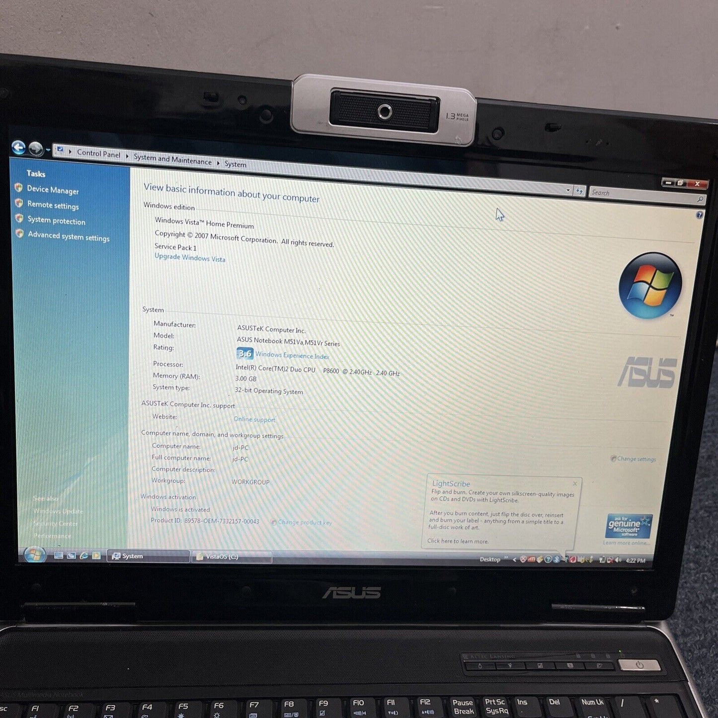 ASUS M51Va 15.4" Laptop Intel Core Duo P8600 2.4Ghz 3GB DVD Writer 320GB HDD