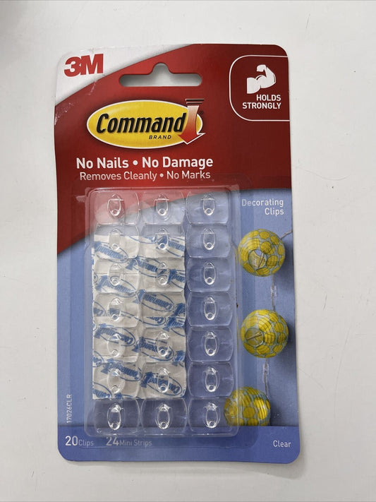 3M COMMAND Clear Decorating Clip 20 Clips 24 Mini Strips Damage-Free Hook NEW