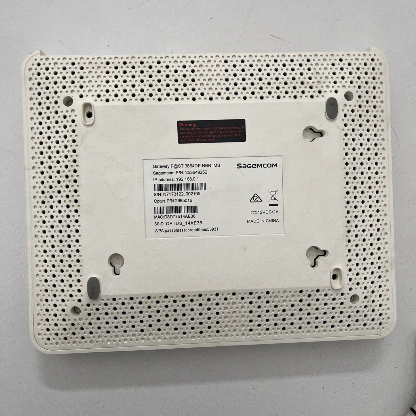 Optus Sagemcom Gateway Fast 3864OP ADSL NBN WiFi Router