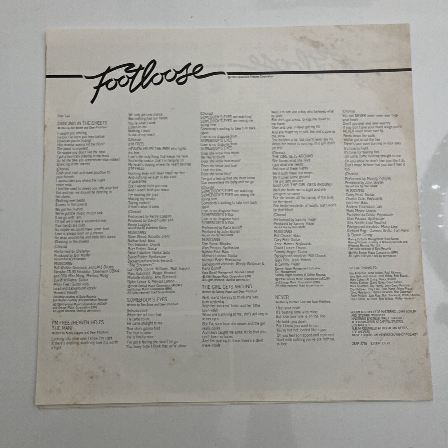 Footloose - Original Motion Picture Soundtrack LP 1984 Vinyl Record 28AP-2770