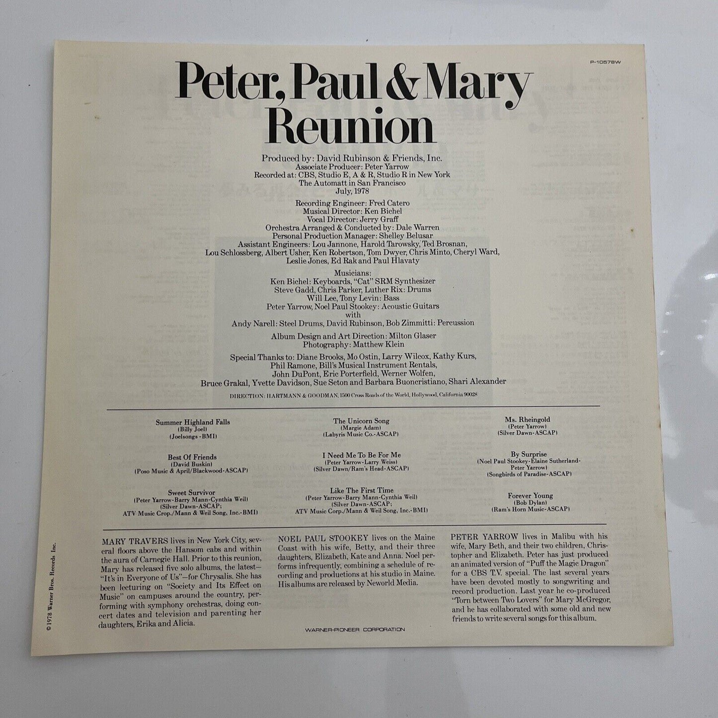 Peter, Paul & Mary – Reunion 1978 LP Vinyl Record P-10578W