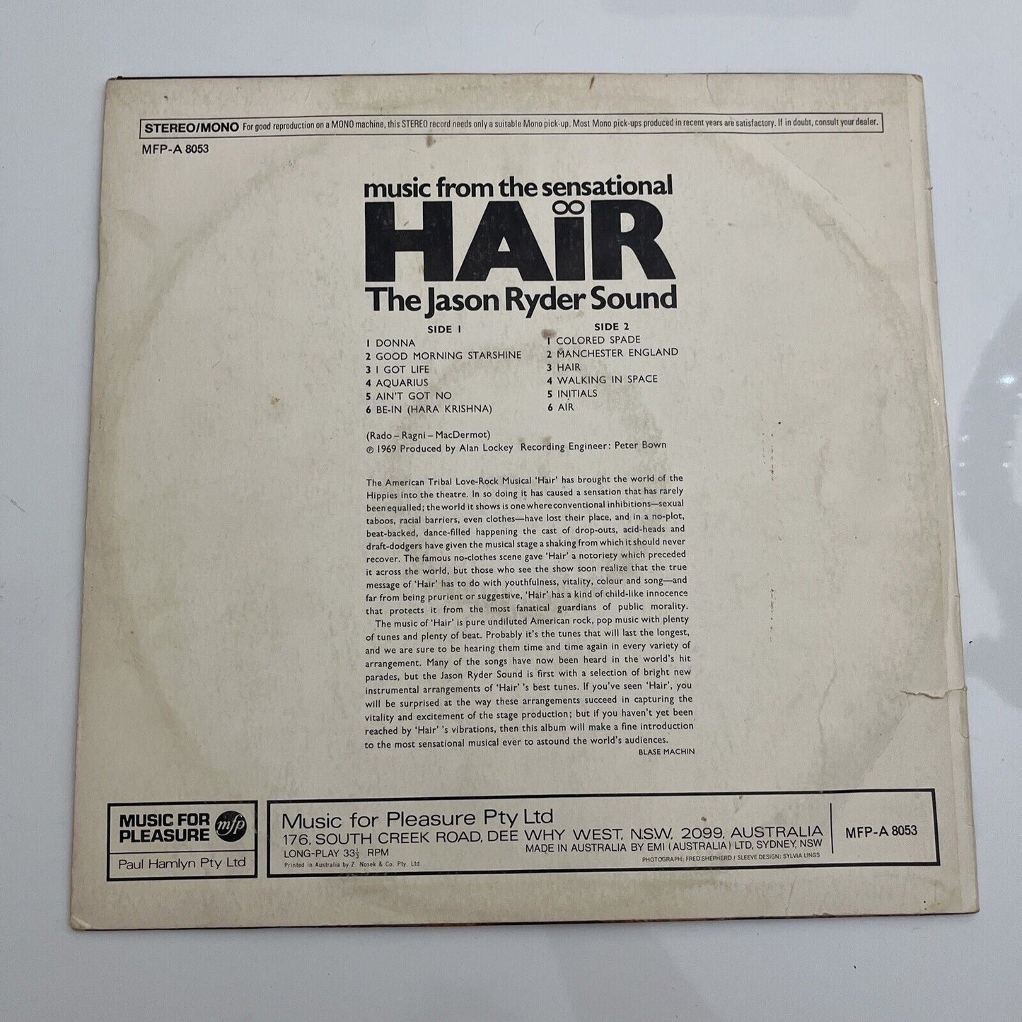 The Jason Ryder Sound – Music From The Sensational Hair LP 1969 Vinyl MFP-A 8053