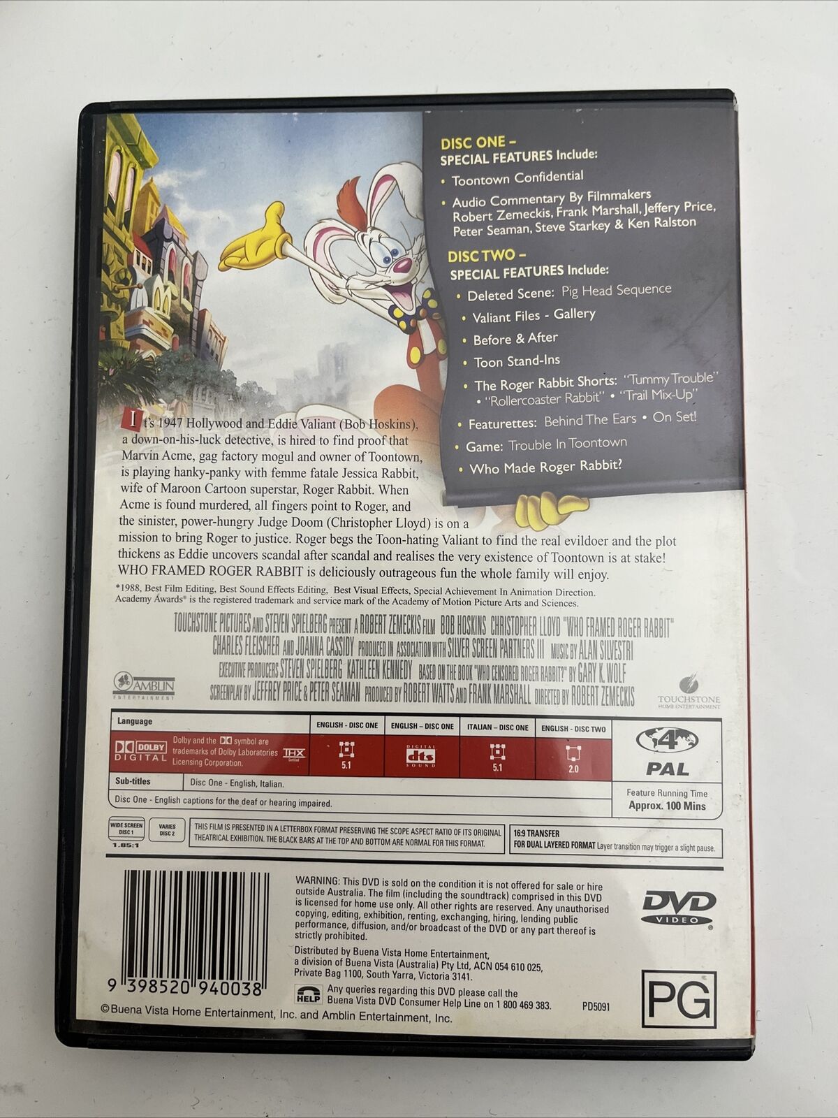 Who Framed Roger Rabbit (Special Edition, DVD, 1988) Bob Hoskins Region 4