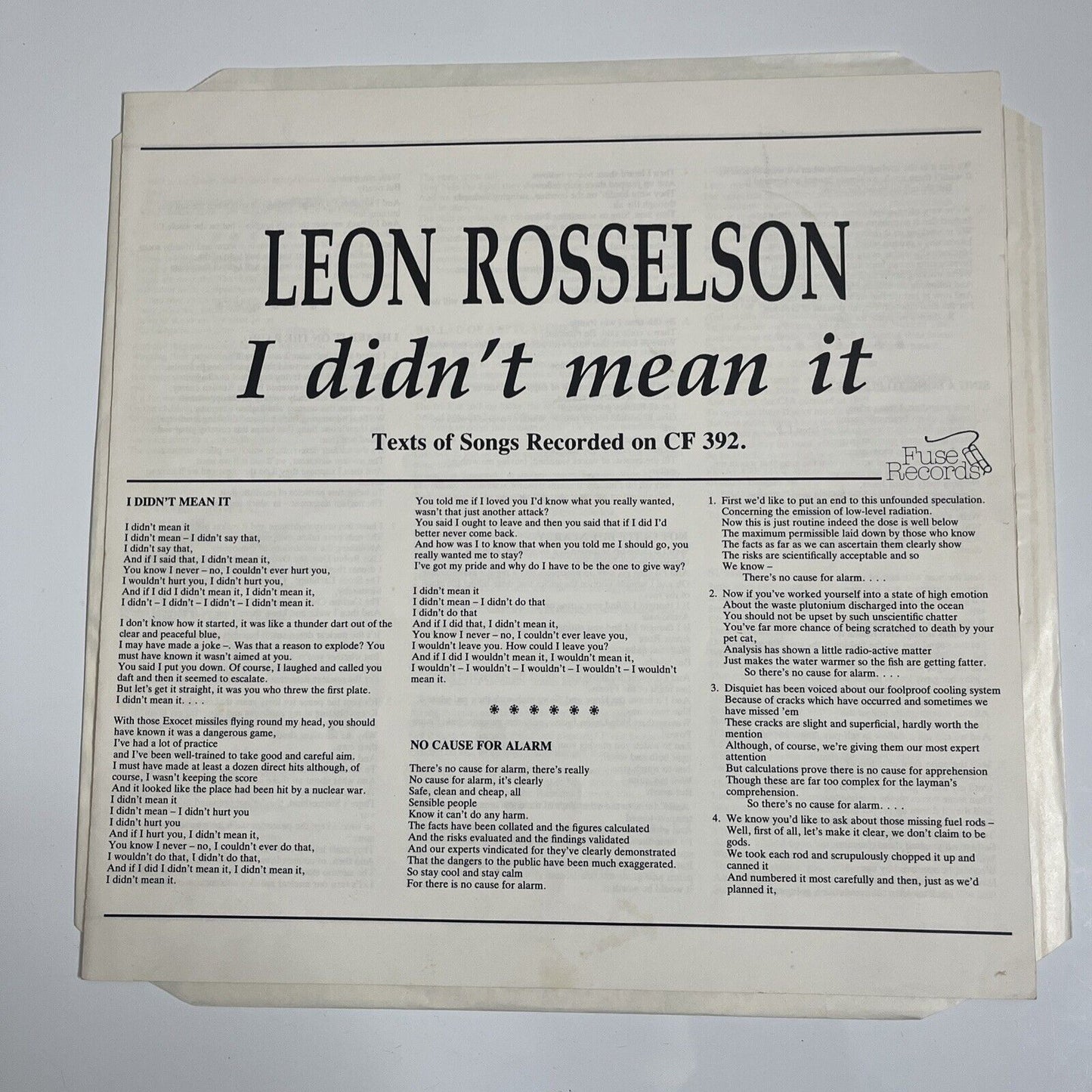 Leon Rosselson – I Didn't Mean It! LP 1988 Vinyl Record CF 392