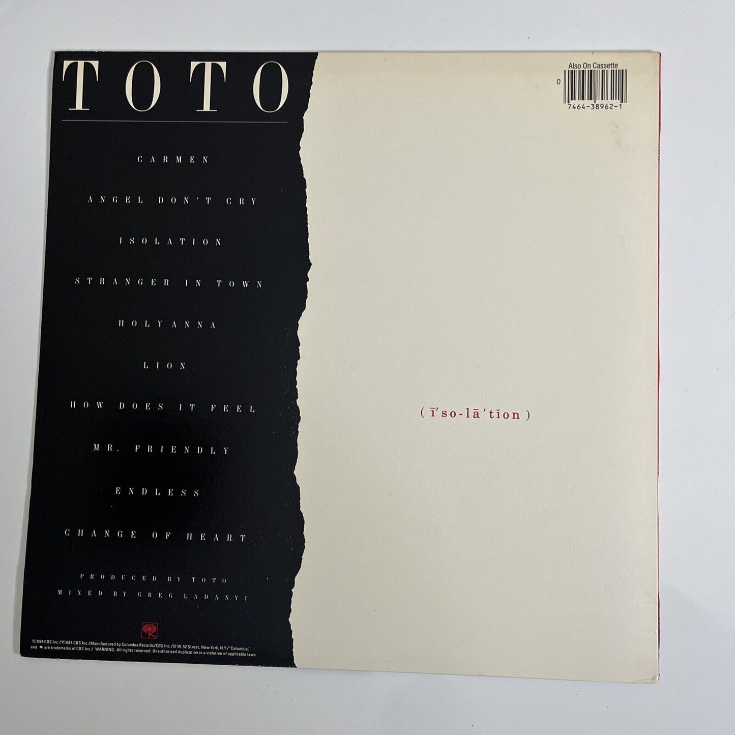 Toto – Isolation LP 1984 Vinyl Record QC 38962