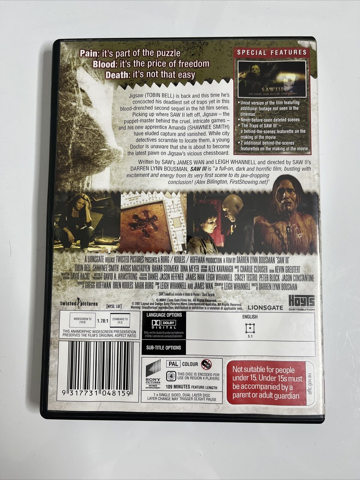 Saw 3  (DVD, 2006) Tobin Bell, Shawnee Smith, Angus McFadyen Horror Film Region4