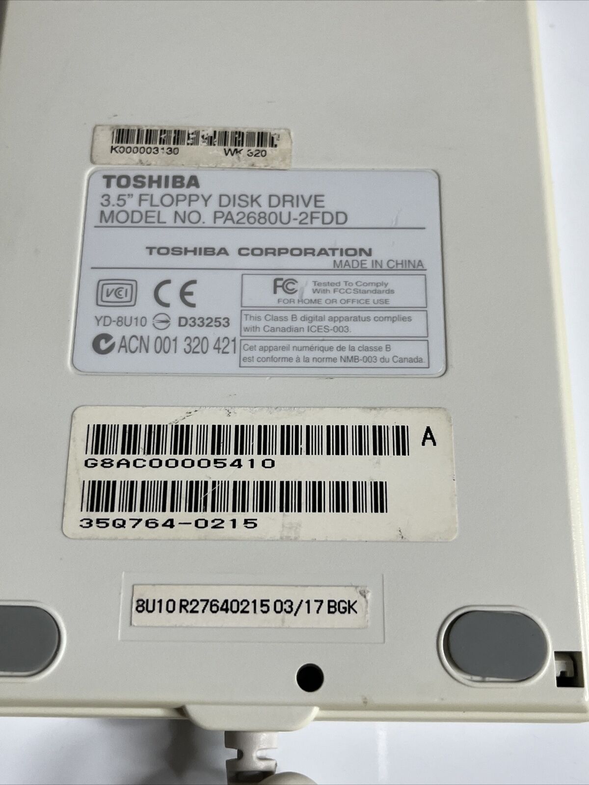 Toshiba Dynabook 3.5" External Floppy Disk Drive USB Powered PA2680U-2FDD