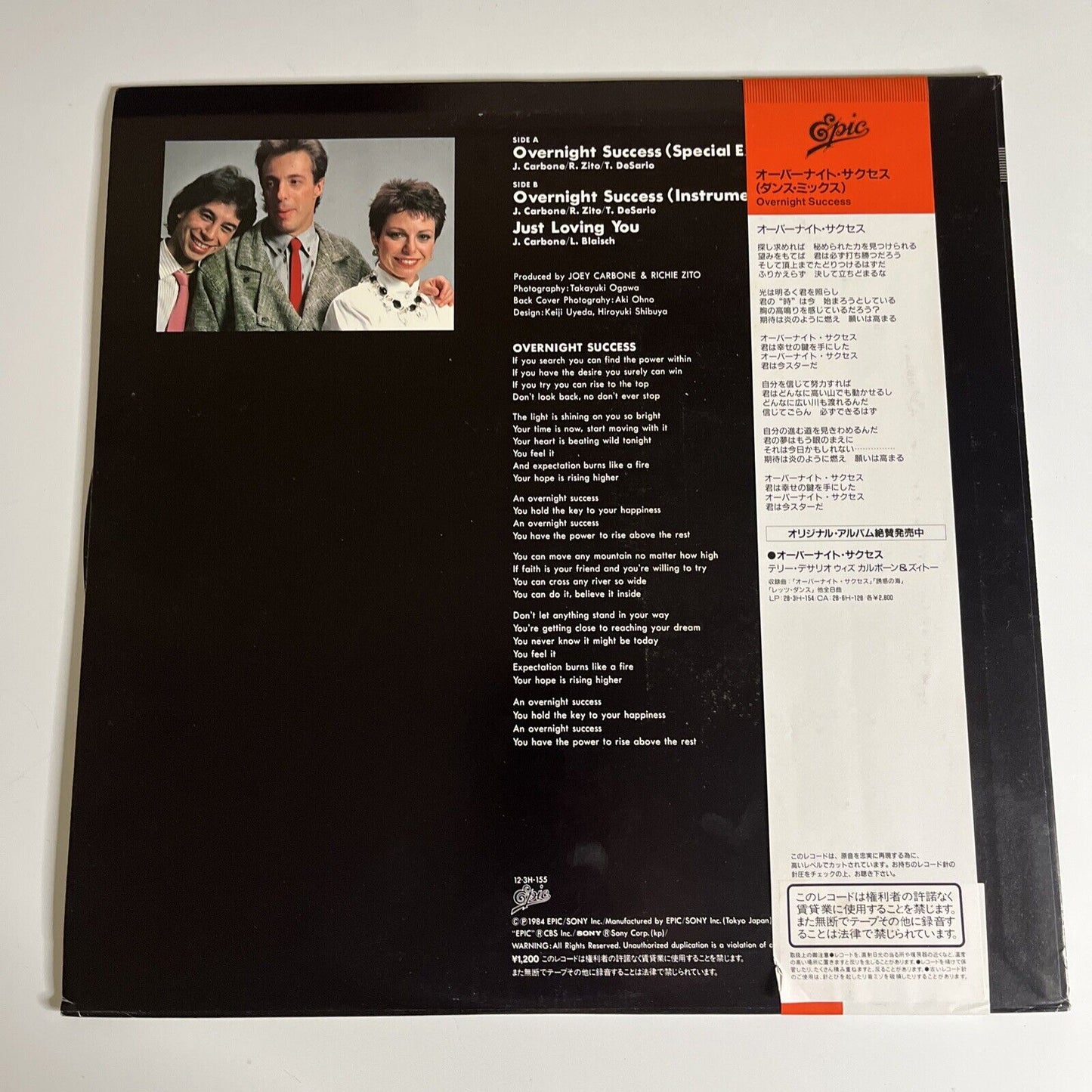 Teri Desario With Carbone & Zito – Overnight Success 12" Vinyl Record 1984 Obi