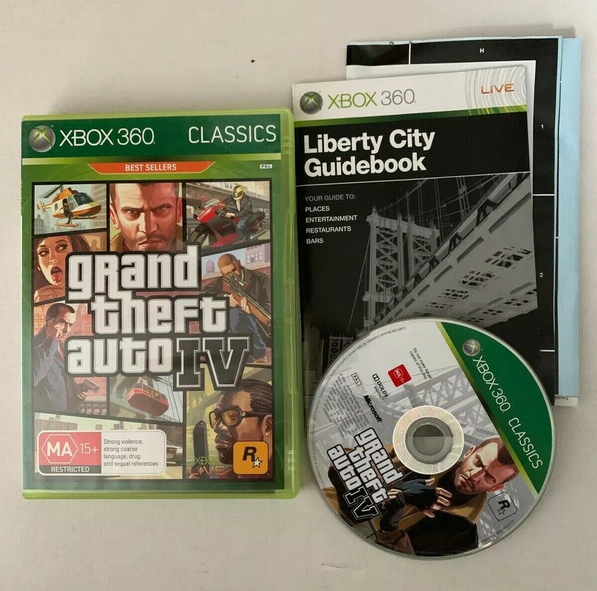 Grand Theft Auto IV (Microsoft Xbox 360, 2008) With Guidebook And Map. PAL