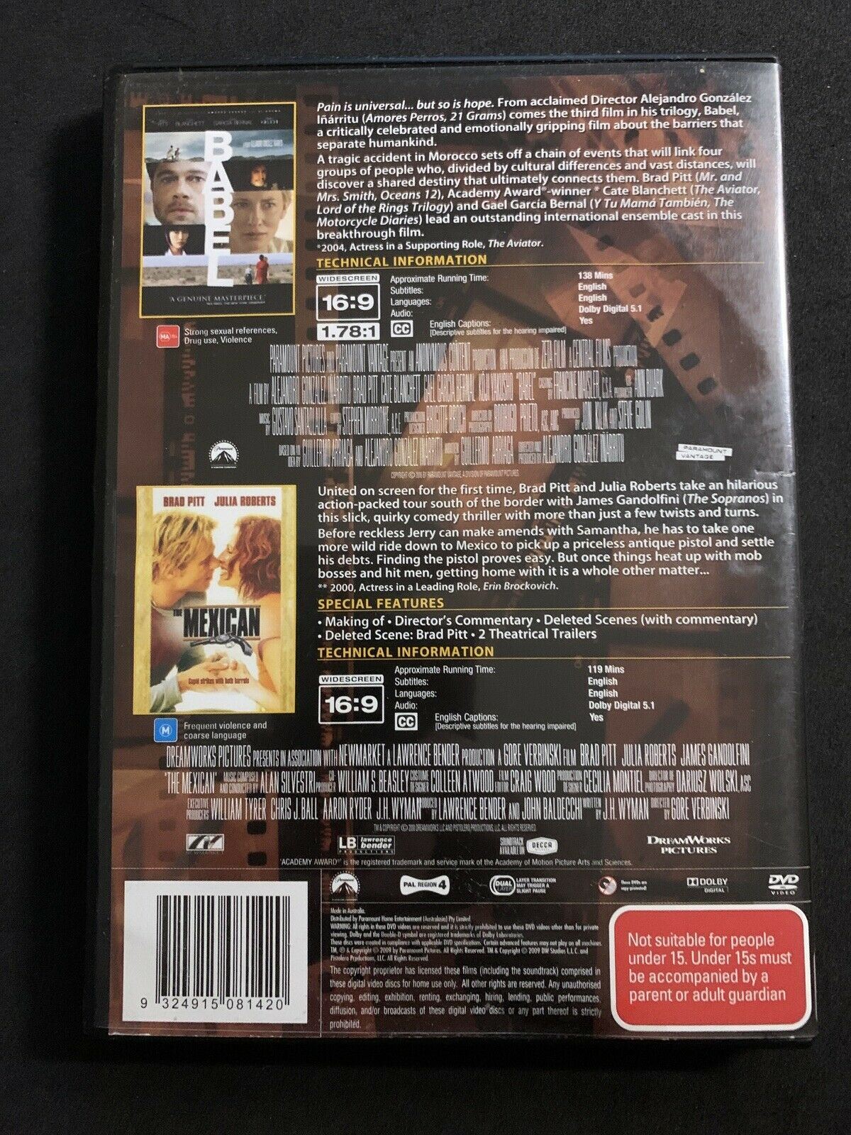 Brad Pitt - Babel / The Mexican (DVD, 2009, 2-Disc Set) Region 4