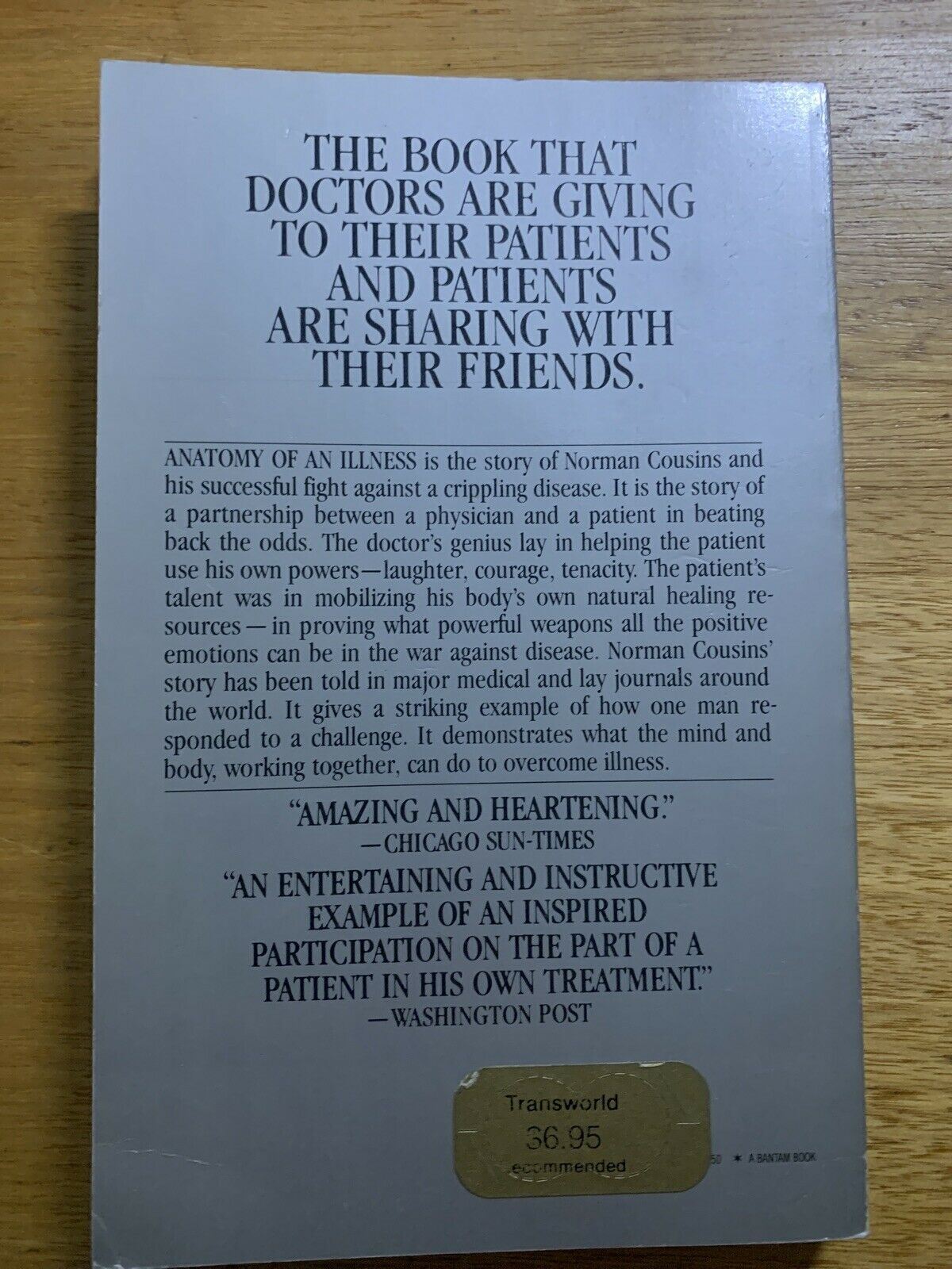 Anatomy of an Illness: As Perceived by the Patient. Norman Cousins paperback