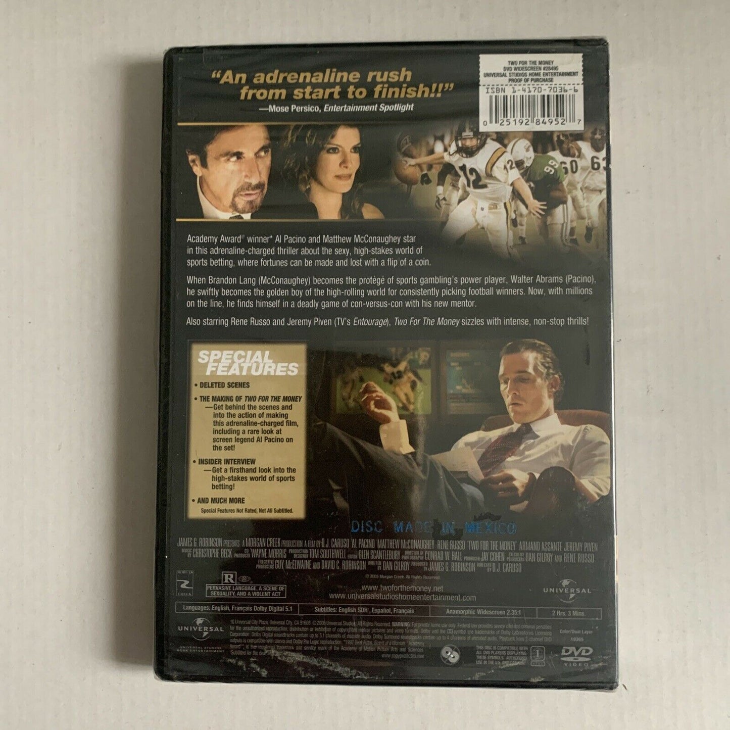 *New Sealed* Two For The Money (DVD, 2005) Al Pacino, Rene Russo. Region 1